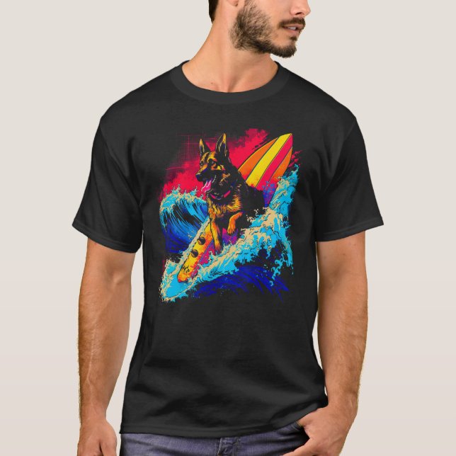 T-shirt Art German Shepherd Dog Surf Surfing (Devant)