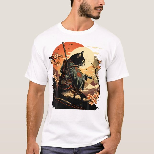 T-shirt Art japonais Chat Ninja Ukiyo-e Anime Style Samura (Devant)