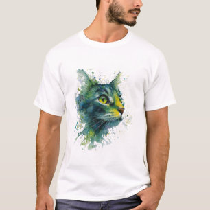 T-shirt Art moderne visage de chat aquarelle vert émeraude