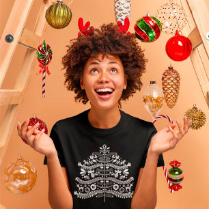 T-shirt Art populaire scandinave blanc Arbre de Noël nordi