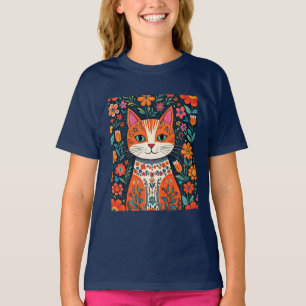 T-shirt Art populaire Whimsical Chat et Fleurs