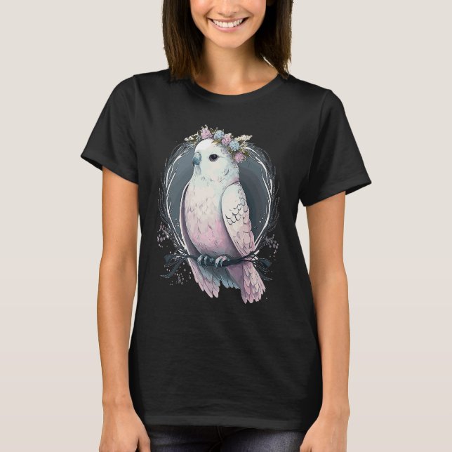 T-shirt Artistic White Parakeet Budgie Bird Flower Crown P (Devant)