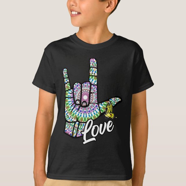 T-shirt ASL Love You Main Sign Language Butterfly Deaf Awa (Devant)