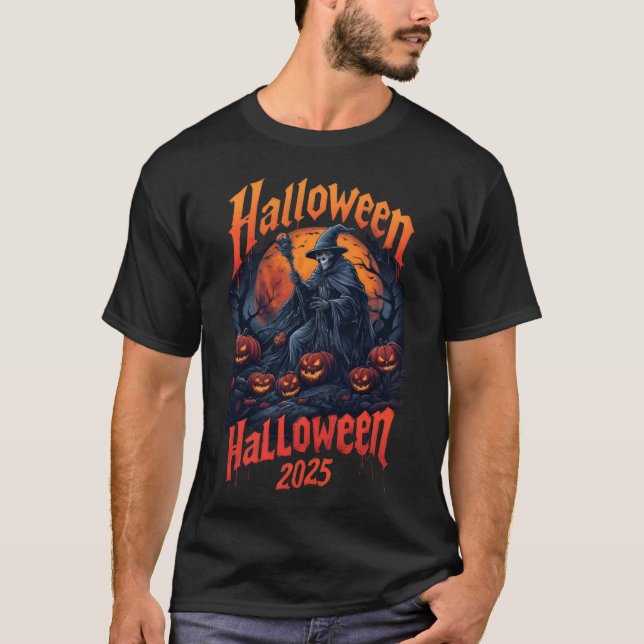 T-shirt Assistant Halloween2025 debout parmi jack-o'-lante (Devant)