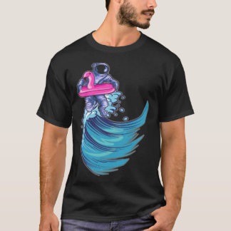 T-shirt Astronaut Surfing Ocean Waves With Pink Flamingo F