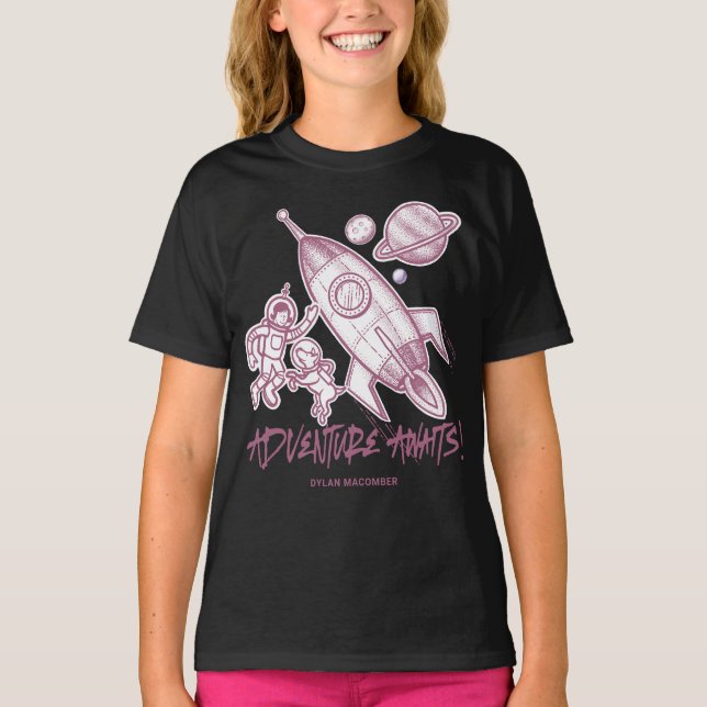 T-shirt Astronaute de fusée de voyage de l'espace noir ros (Devant)