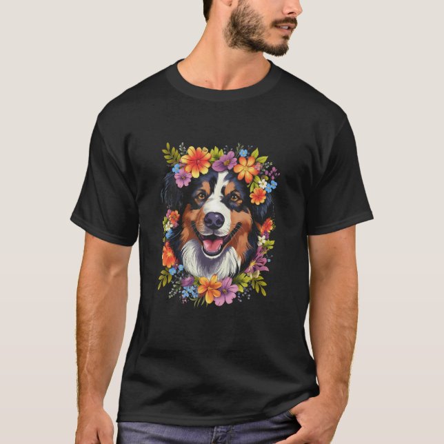T-shirt Australian Shepherd Aussie with Flower Crown Retro (Devant)