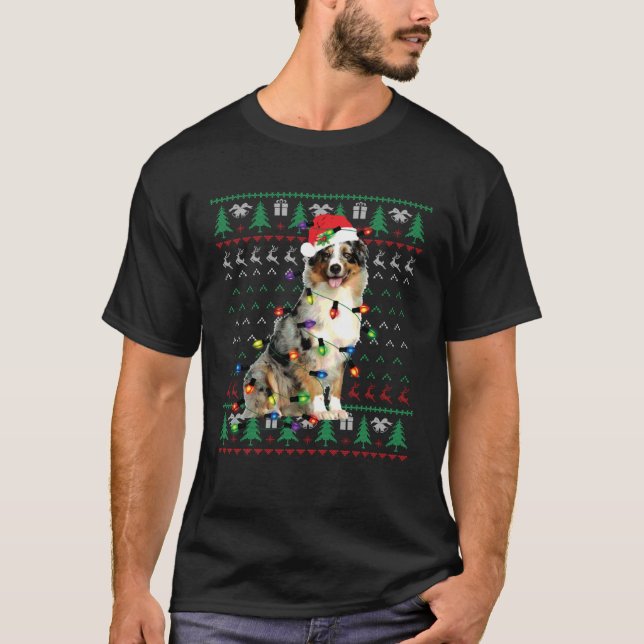 T-shirt Australian Shepherd Christmas Lights Ugly Sweater  (Devant)