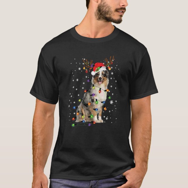 T-shirt Australian Shepherd Christmas Reindeer Santa Hat P (Devant)