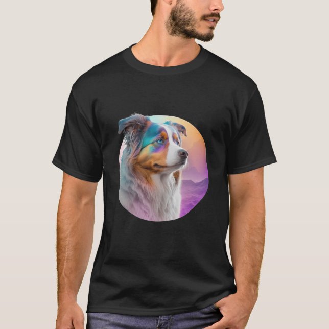 T-shirt Australian Shepherd Vaporwave Retrowave Aesthetic  (Devant)