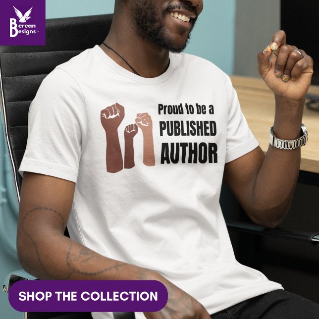 T-shirt Auteur de livre Fier Black Melanin (Black man wearing a Proud to be a Published Author tee, ideal for Black Authors. Shop the collection)