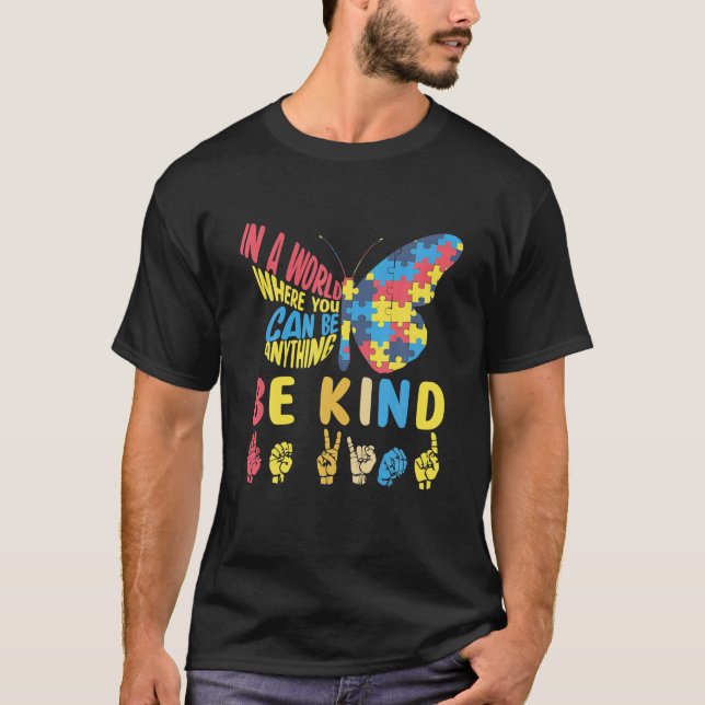 T-shirt Autism Awareness Be Kind Puzzle Sign Language Hand (Devant)