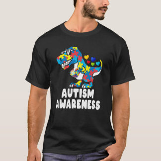 T-shirt Autism Awareness Dinosaur Rex Heart Puzzle Pieces 