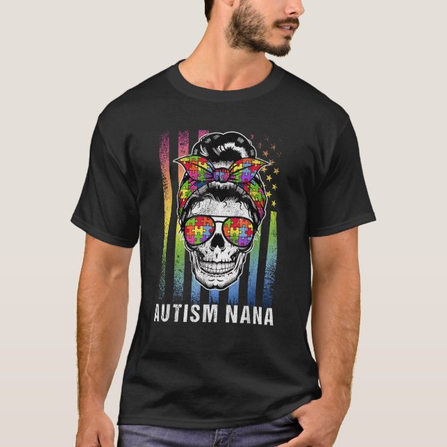 T-shirt Autism Nana Cool Messy Bun Girl USA American Flag  (Devant)