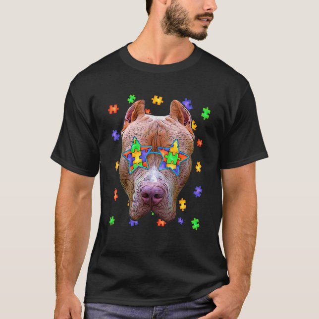 T-shirt Autisme mignon Pitbull Chien Puzzle Lunettes de so (Devant)