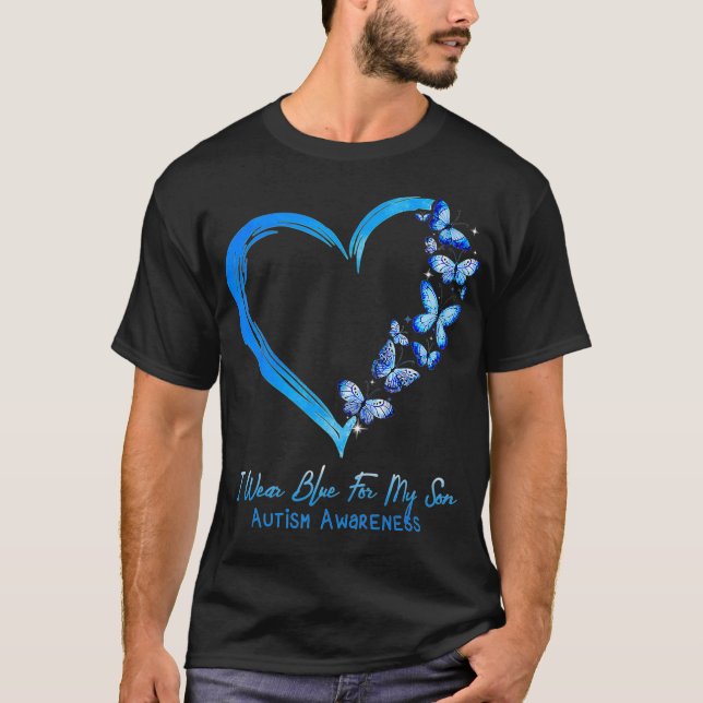 T-shirt Autisme papillon cardiaque Je Porte Du Bleu Pour M (Devant)