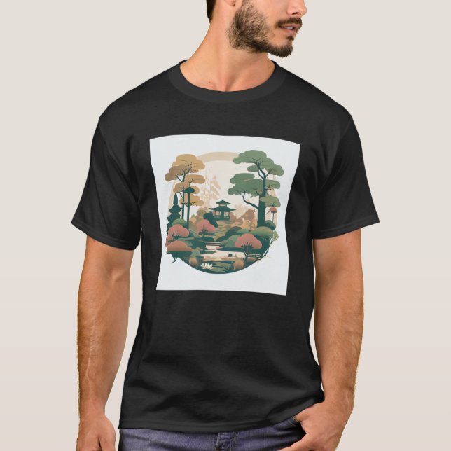 T-shirt Automne Bonsai Arbres Jardin Shrine Pond Japonais  (Devant)