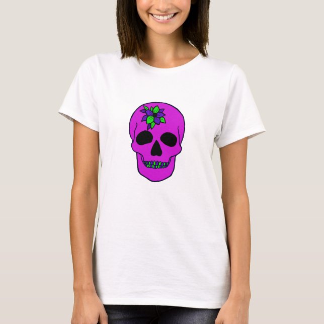 T-shirt avec crâne rose et fleur (Devant)