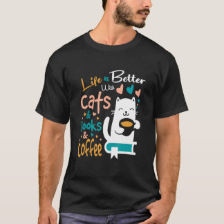 T-shirt Avec des chats et des livres de café  Chat