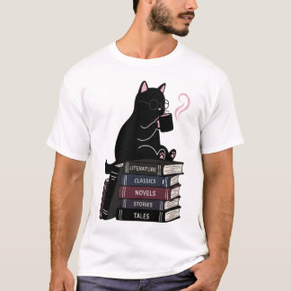 T-shirt avec un mignon chat noir, café et livres