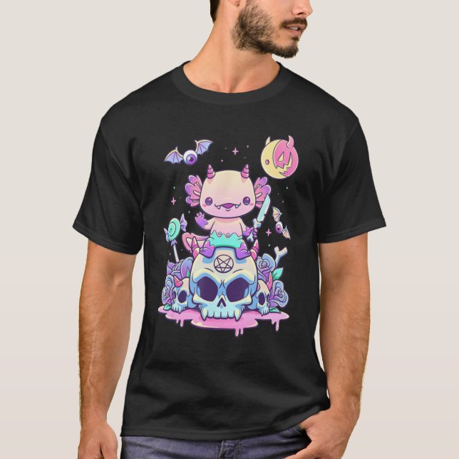 T-shirt Axolotl Halloween Skull Creepy Axolotl Pastel Goth (Devant)