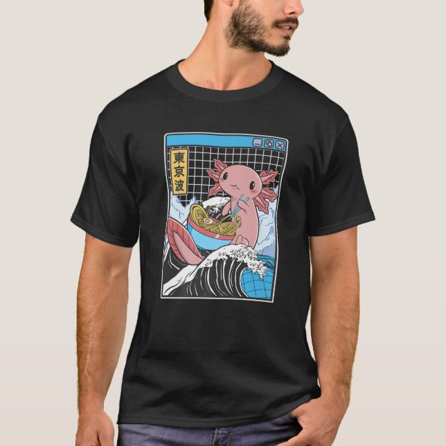 T-shirt Axolotl Manger Ramen Kanagawa Wave Kawaii Anime Va (Devant)