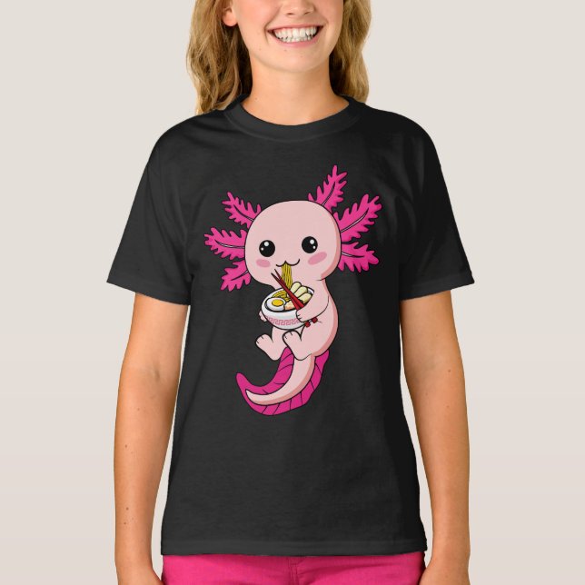T-shirt Axolotl Manger Ramen nouilles Kawaii Anime Girl (Devant)