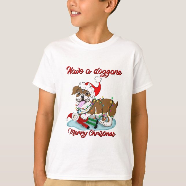 T-shirt Ayez Un Joyeux Doggone Noël Bulldog Lumières (Devant)