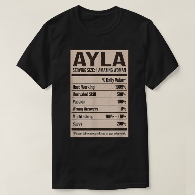 T-shirt Ayla Nutrition Facts Name Nickname Alias Title Fri (Design devant)