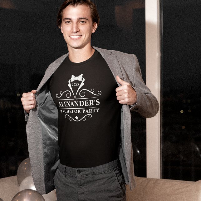 T-shirt Bachelor Party Tuxedo Cravate noir (Customize to change text size. Choose from a variety of shirt colors and styles.)