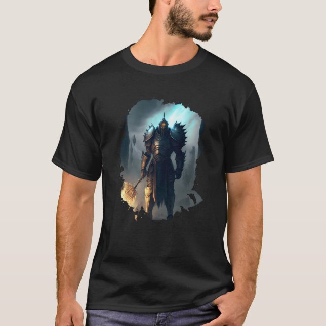 T-shirt Backprint Mighty knight in armor with fire sword (Devant)