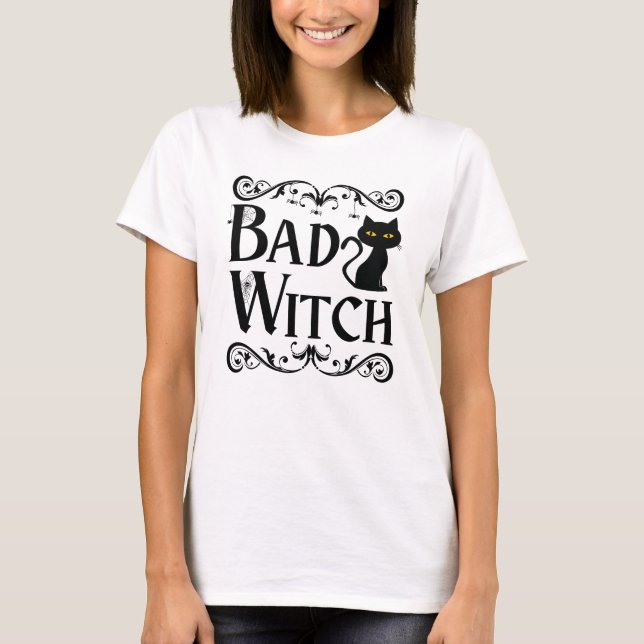 T-shirt Bad Witch Chat noir noir et blanc Halloween (Devant)