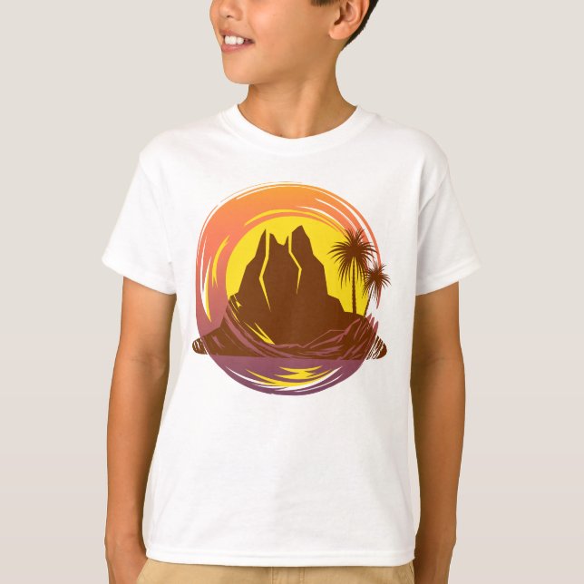 T-shirt Badge avec paysage volcanique tropical et palmiers (Devant)