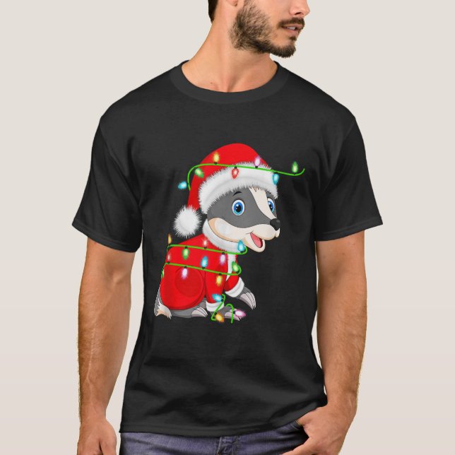 T-shirt Badger Christmas Lights Santa Costume Cute Animal  (Devant)