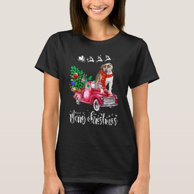 T-shirt Balade de Noël de Buldog en anglais Camion rouge (Devant)