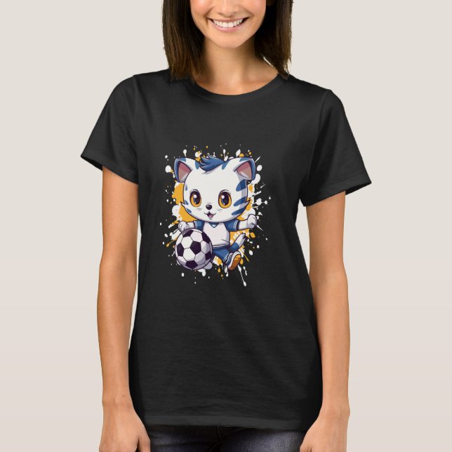 T-shirt Bande dessinée de chat jouant au football (Devant)