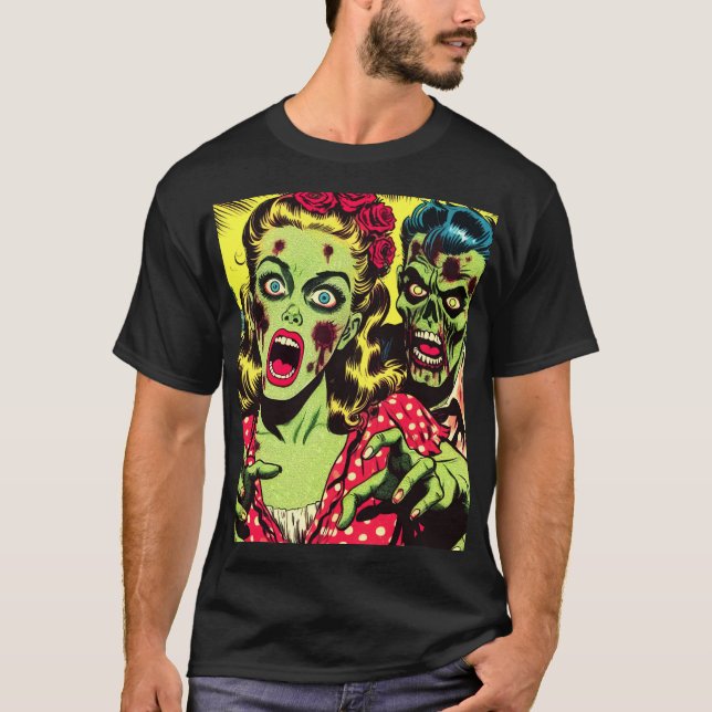 T-shirt Bande dessinée rétro Zombie Couple (Devant)