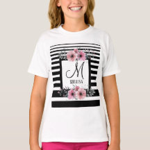 Bandes noires et blanches Monogramme floral rose