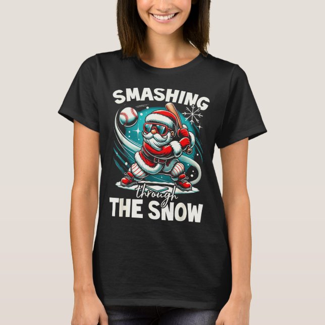 T-shirt Baseball Player Christmas Santa, Smashing Through  (Devant)