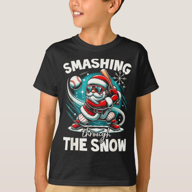 T-shirt Baseball Player Christmas Santa, Smashing Through  (Devant)