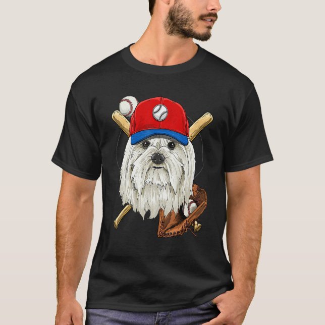 T-shirt Baseball Player Coaches Maltese Dog  Pitcher Catch (Devant)