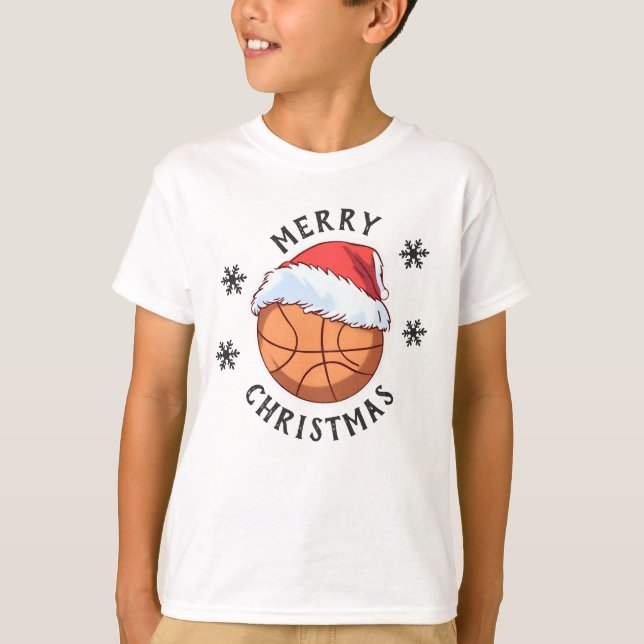 T-shirt Basket Ball Red Santa Hat Snowflake Noël (Devant)