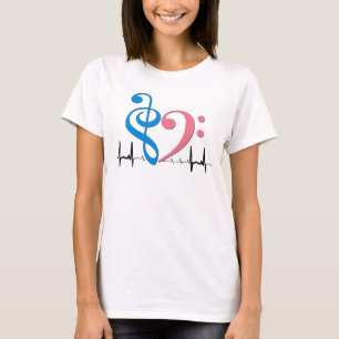T-shirt Bass Clef Heart EKG Waves Cyan & Pink