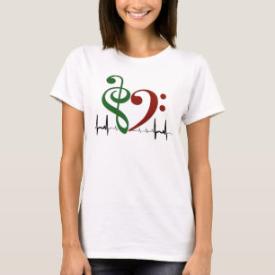 T-shirt Bass Clef Heart EKG Waves Green & Ruby Red