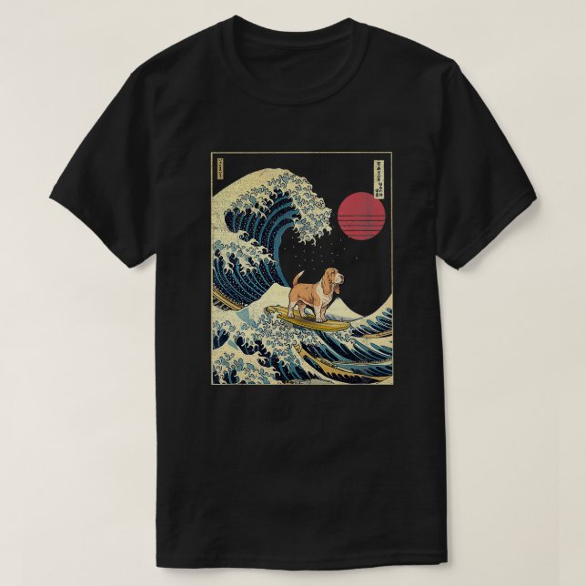 T-shirt Basset Hound Japonais Kanagawa Vague Surf drôle Ch (Design devant)