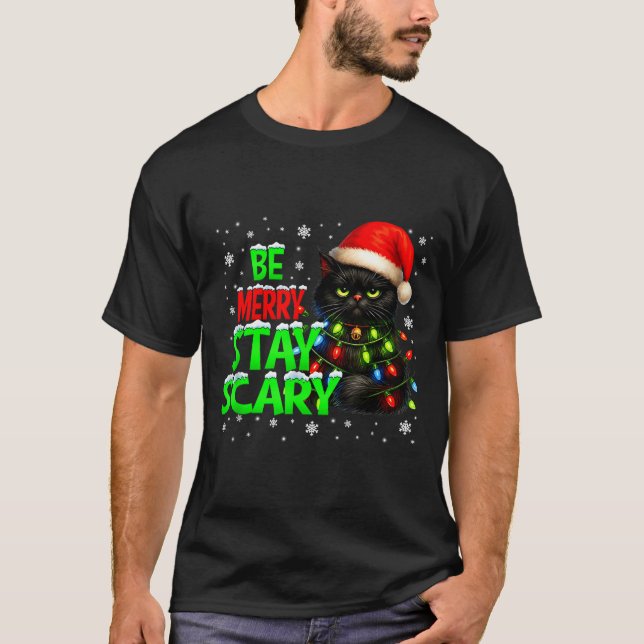 T-shirt Be Merry Stay Y Black Cat Funny Halloween Christma (Devant)
