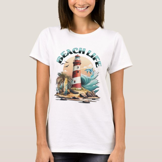 T-shirt Beach Life | Plage tropicale et phare (Devant)