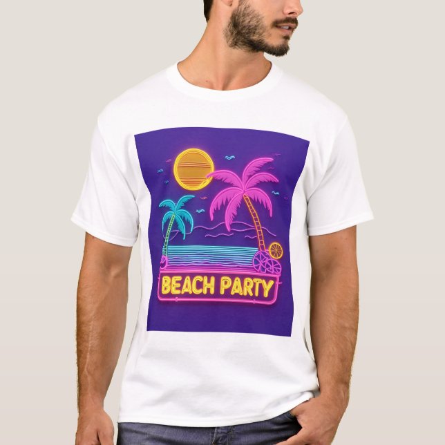 T-shirt Beach Party Neon - Retro Sunset & Palms Tee (Devant)