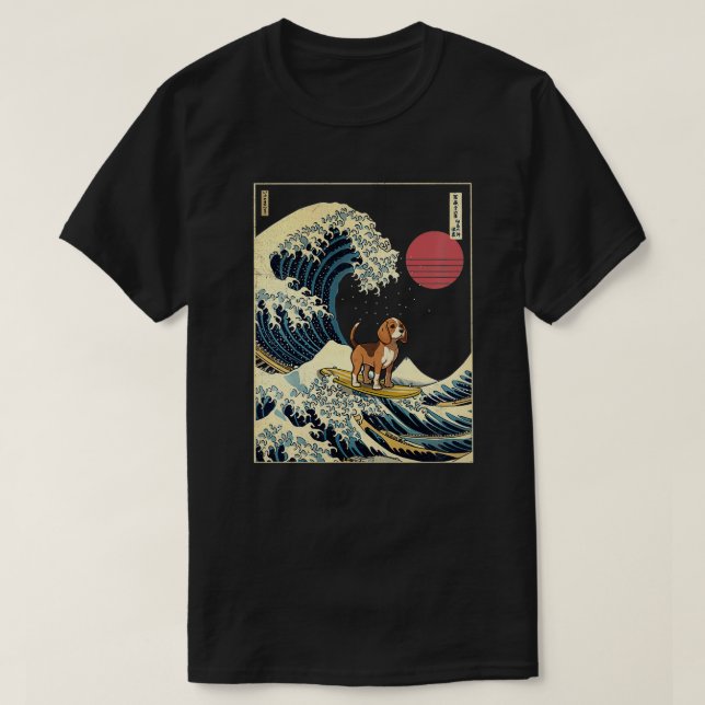 T-shirt Beagle Japonais Kanagawa Vague Drôle Surf Chien (Design devant)