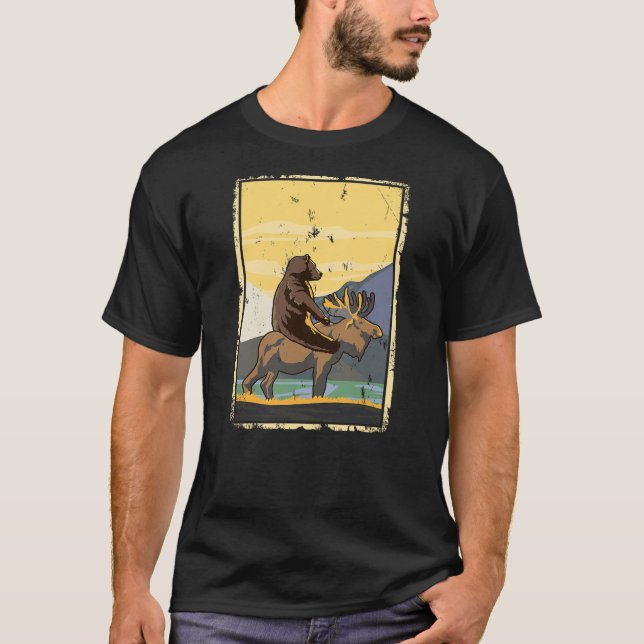 T-shirt Bear Riding Moose Weird Nature (Devant)